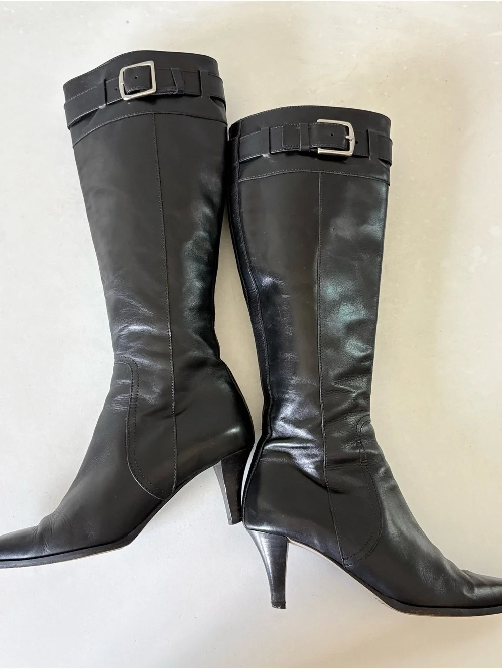 Coach Black Full Leather Knee High Pumps Boots Point Toe Zip Womens Size 7 Italy